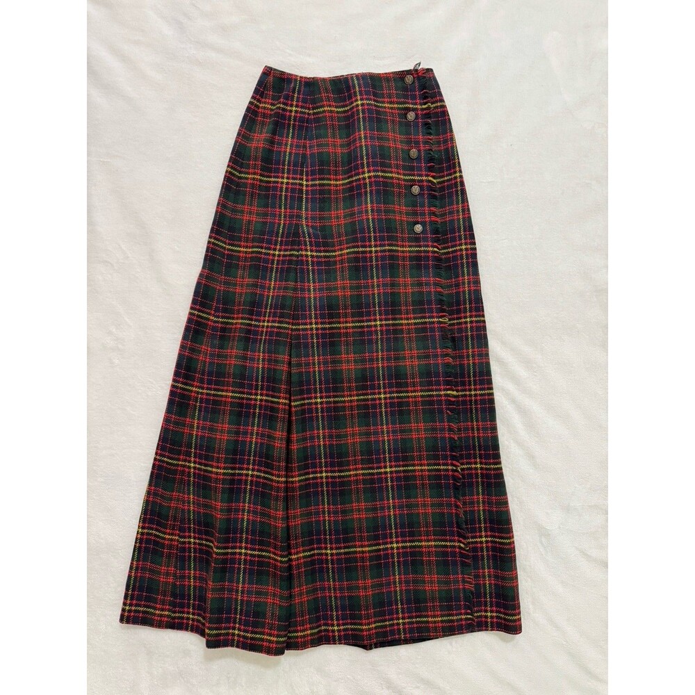Vintage Madison Kilt Wrap Size 8 Long Skirt ILGWU Plaid Fringe Buttons